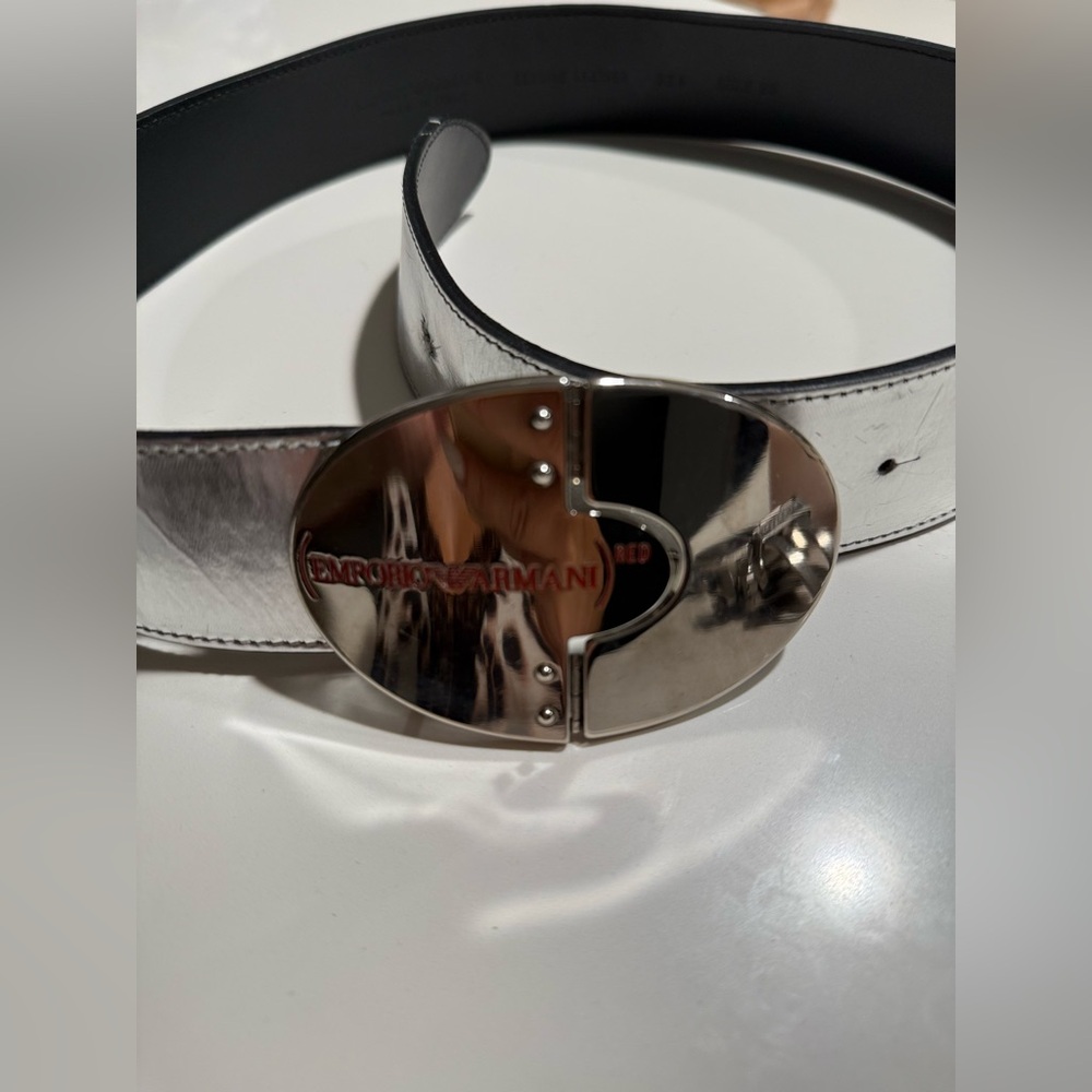 Emporio Armani Metallic Silver Belt with Logo Buckle by Red